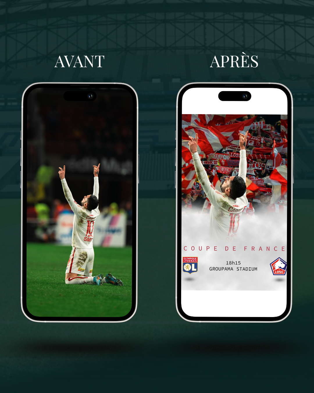 Avant après d&apos;une création visuelle réalisée pour le footballeur professionnel Rémy cabella 