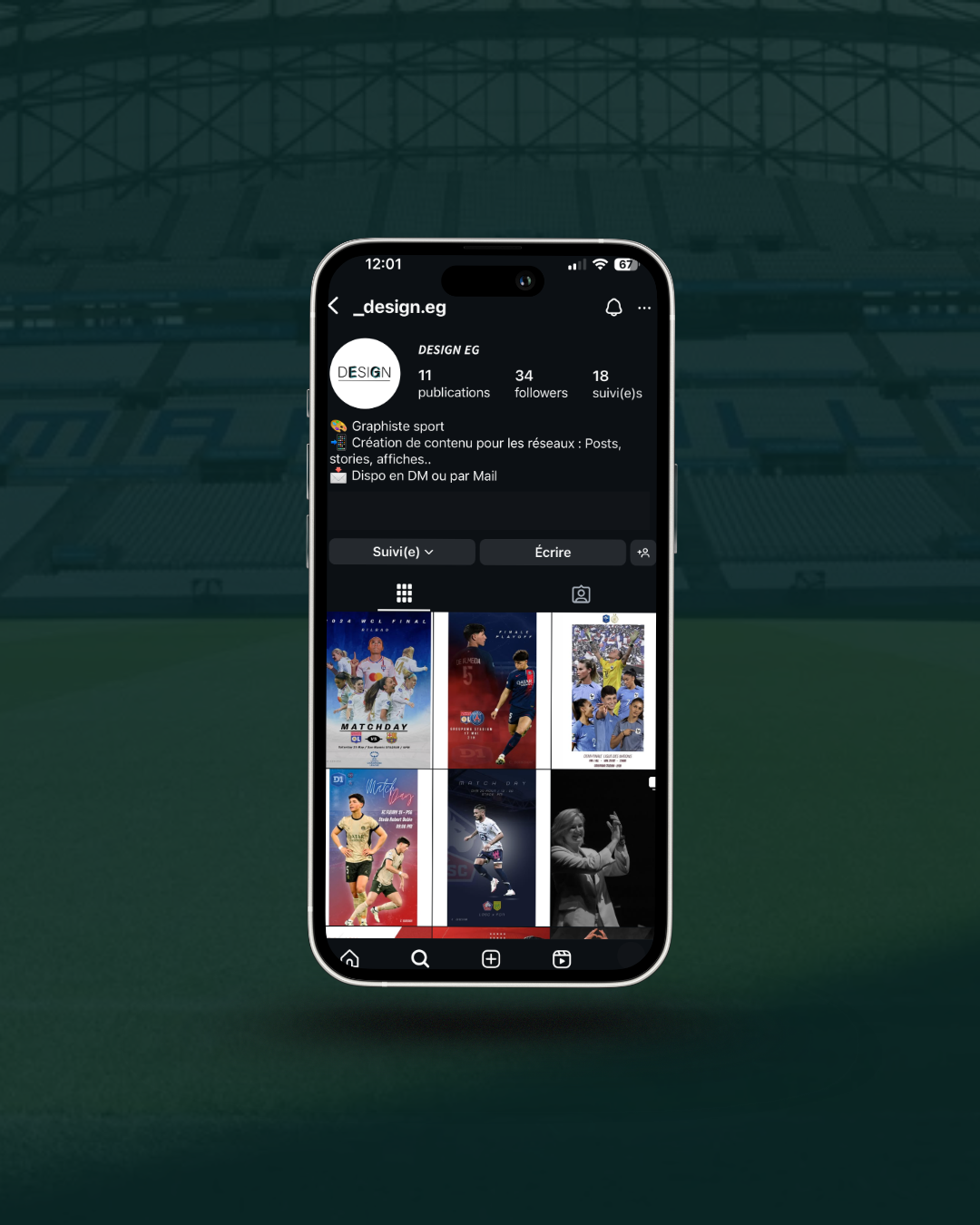 Aperçu du compte Instagram Design EG présentant des affiches sportives de football et de sport